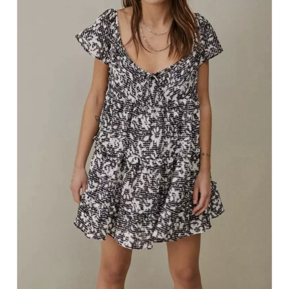 Urban Outfitters Bea Gingham Floral Mini Dress Black White Size S